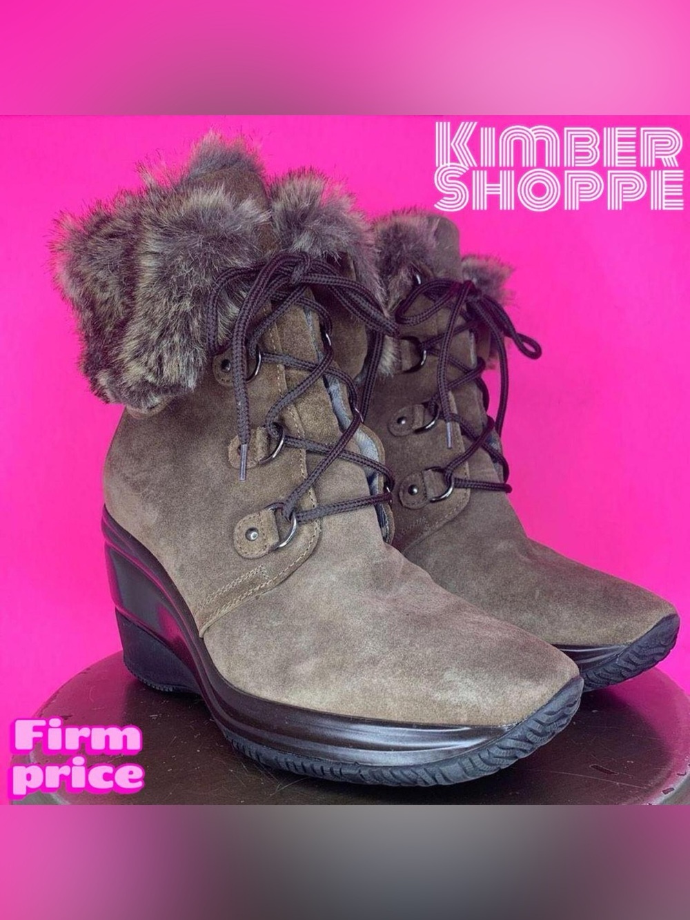 Aquatalia Brass Brown Suede Faux Fur Waterproof Wedge Heel Lace-Up Boots US 9